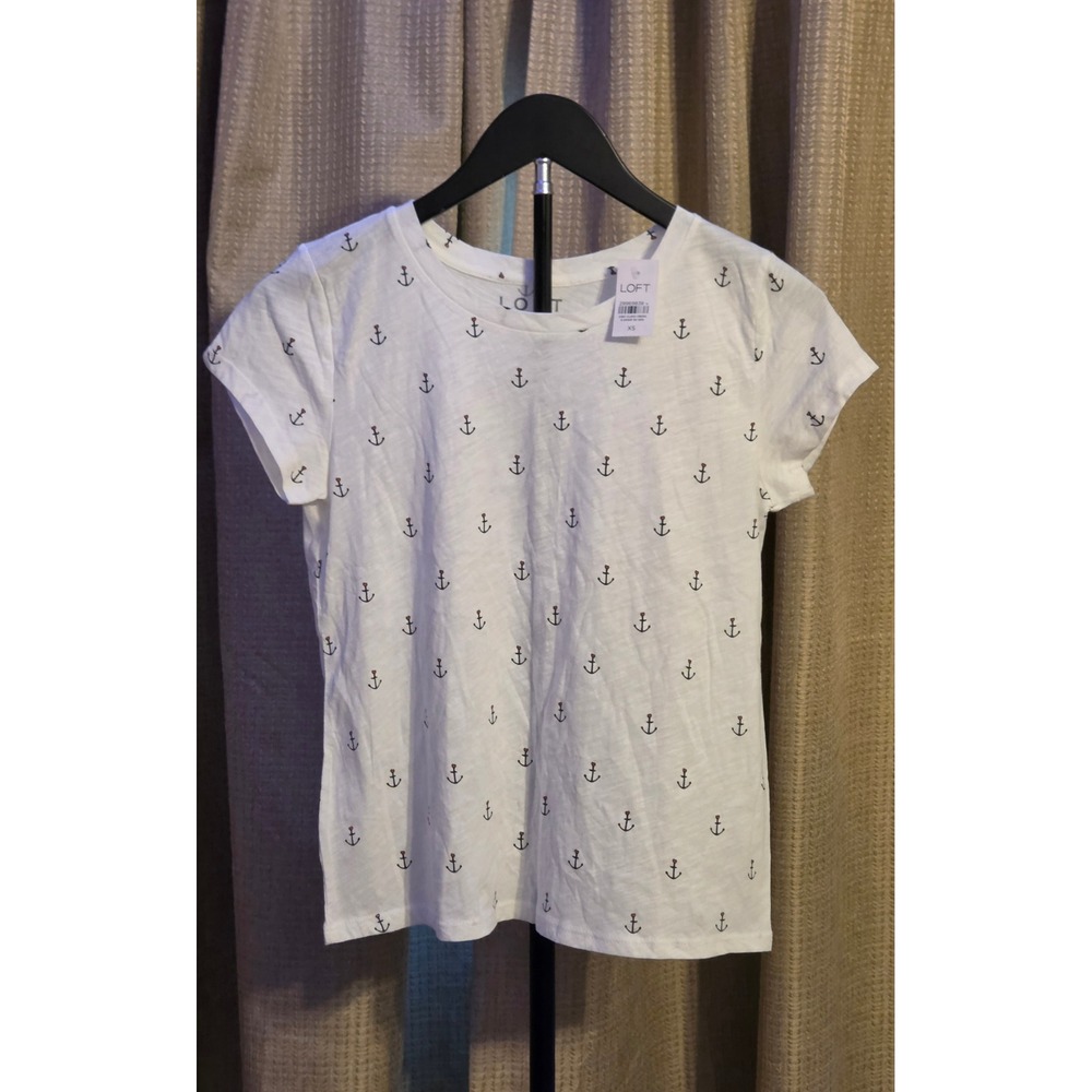 NWT Loft Vintage Soft Short Sleeve Anchor Pattern T-Shirt Women's Size XS White